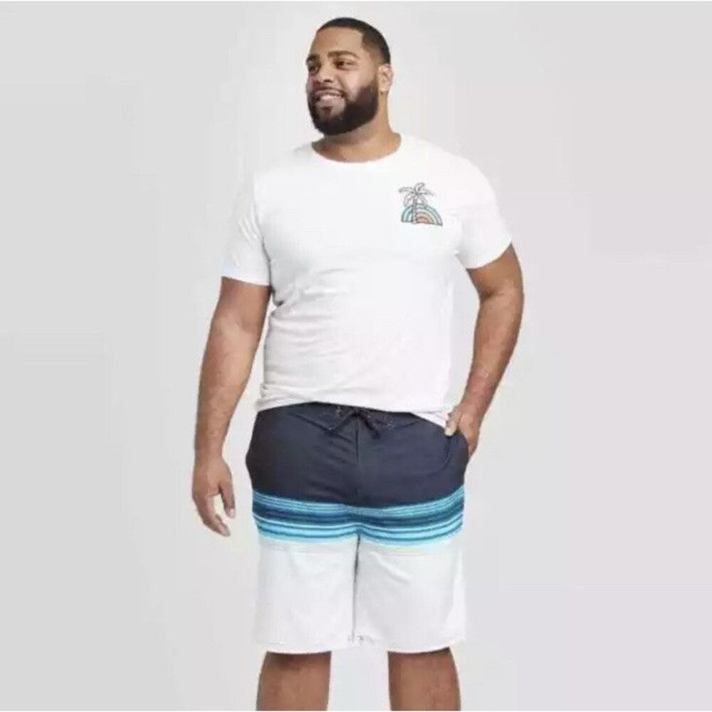 Goodfellow Men Board Shorts Big Tall 10" Swim Shorts Blue Striped White Sz‎ 42